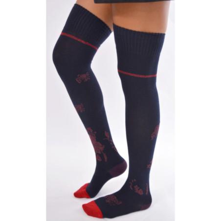 Chaussettes hautes marine à fleurs violette berthe aux grands pieds