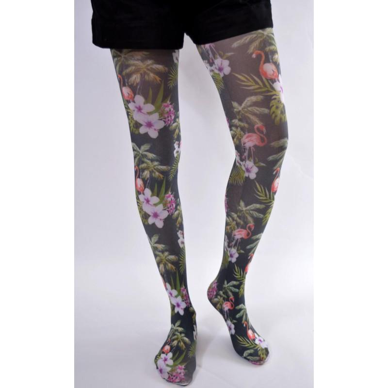 collant opaque imprimé Flamant roses et fleurs