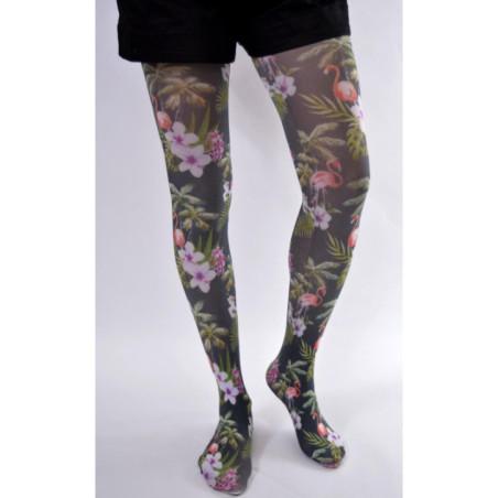 collant fantaisie opaque imprimé flamant roses fleuris