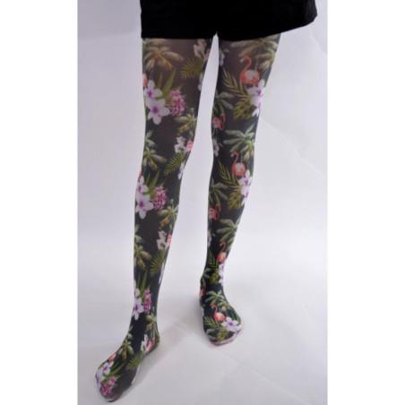 collant opaque imprimé Flamant roses et fleurs