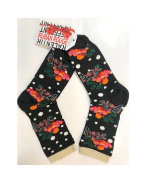 chaussettes ruban rouge Noires à pois et orchidées