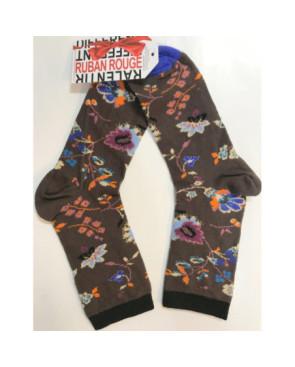Chaussettes Prime rose fleuri marron Ruban rouge