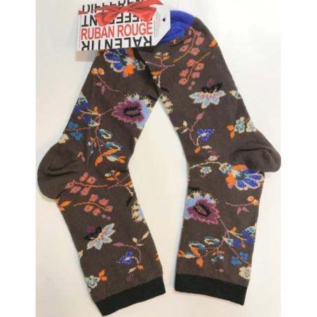 Chaussettes Prime rose fleuri marron Ruban rouge