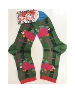 Chausettes Coton Vert Tartan fleuri Ruban rouge