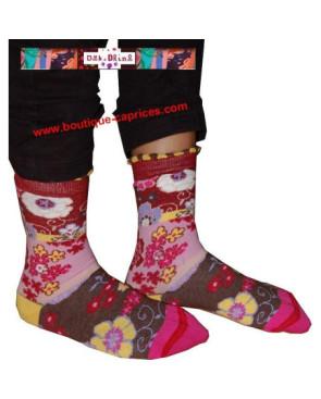 chaussettes fil  de joie bouquet fleuri rose et taupe