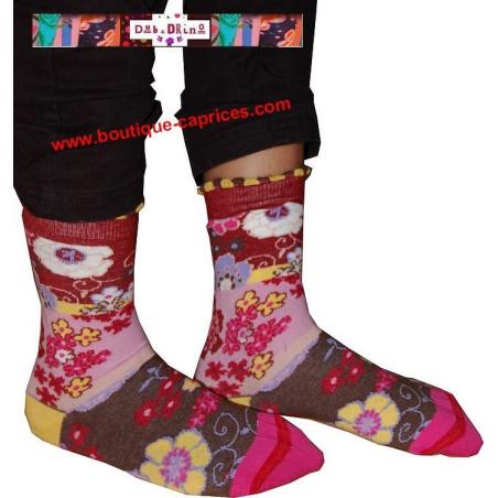 chaussettes fil  de joie bouquet fleuri rose et taupe