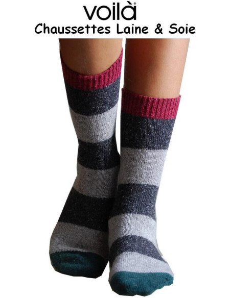 Chaussettes Laine et soie à Rayures grise