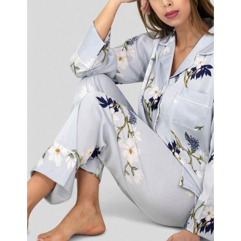 Pyjama Soyeux Gris fleuri HN