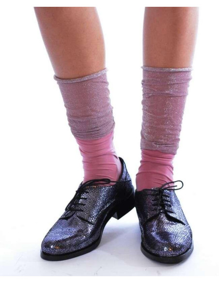 Chaussettes rebords plissé lurex rose