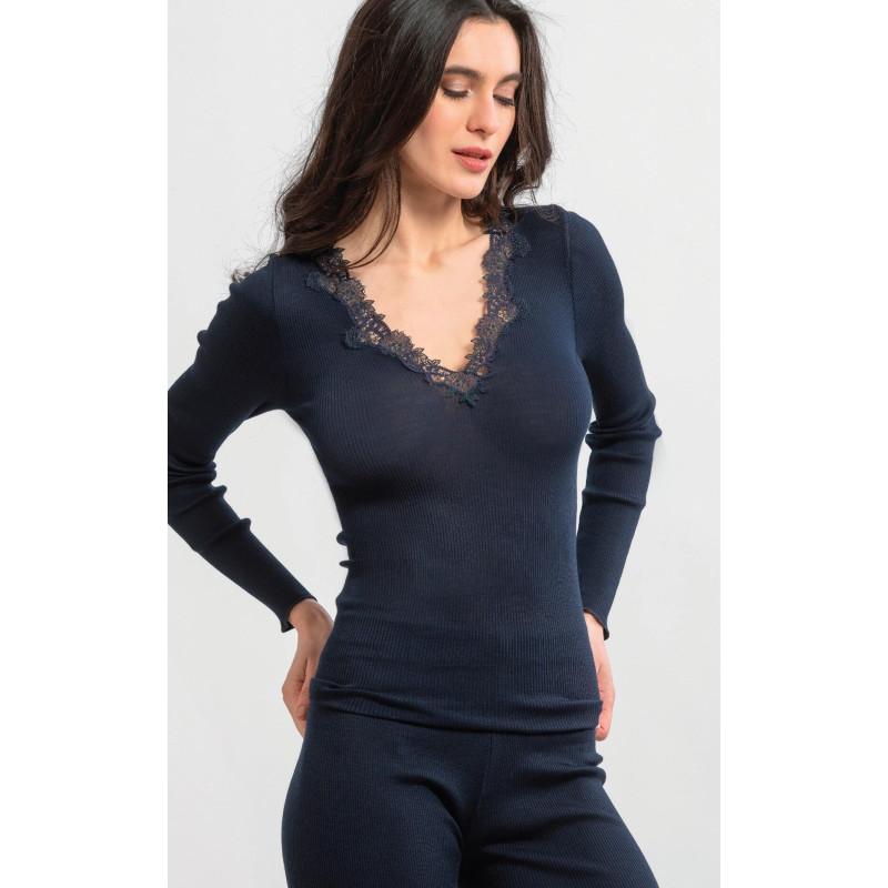 Moretta Manches longues col V dentelle Laine et soie