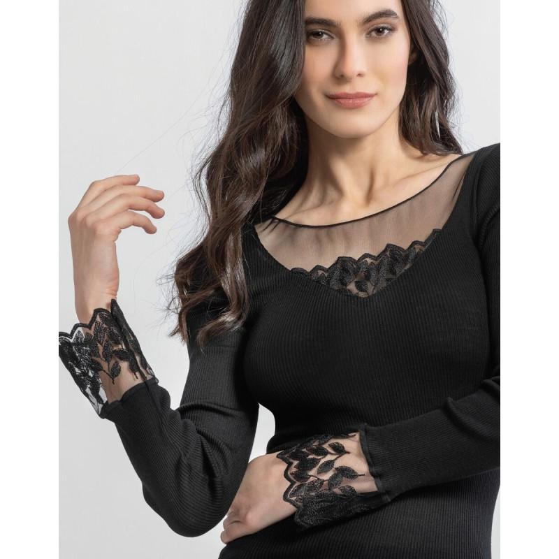 Moretta Manches Longues laine et soie col V feuilles