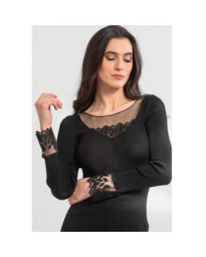 Moretta Manches Longues laine et soie col V feuilles