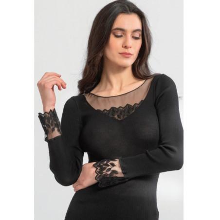 Moretta Manches Longues laine et soie col V feuilles