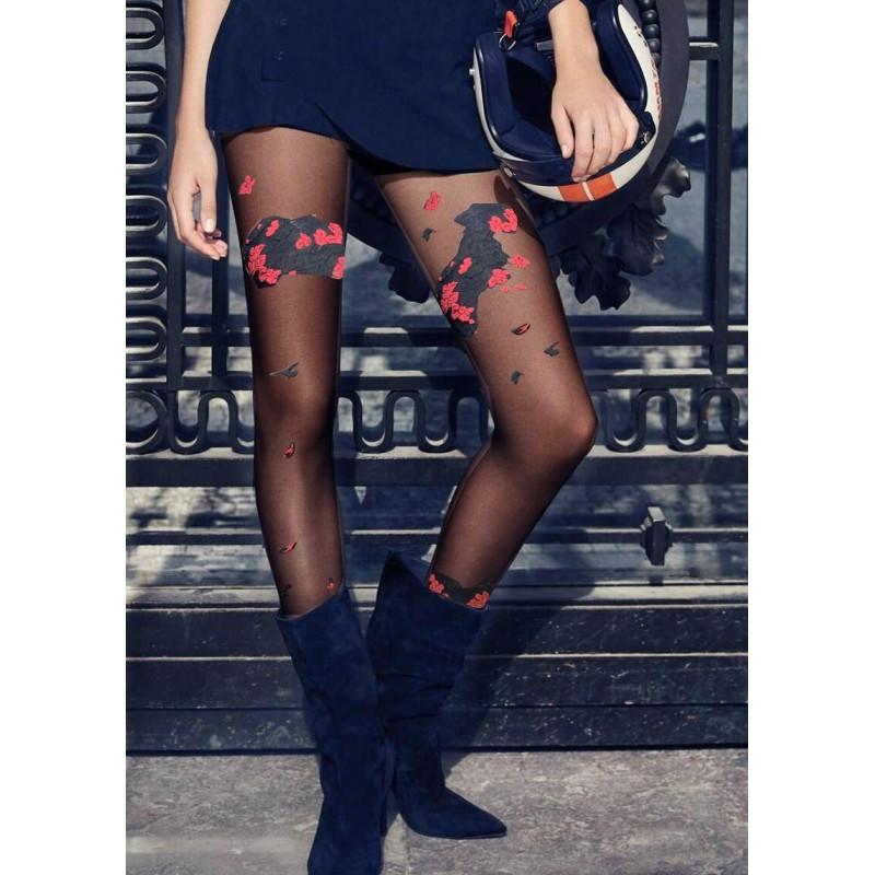 Collant Berthe aux gands Pieds Fleurs de Printemps Noir rouge