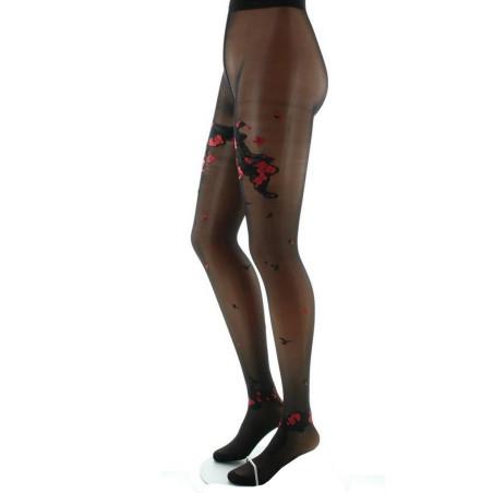 Collant Berthe aux gands Pieds Fleurs de Printemps Noir rouge