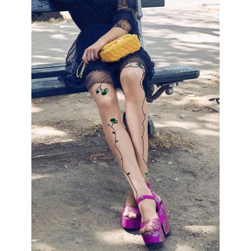 Collant Berthe aux grands Pieds Tatouage fleurs vertes bleues