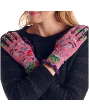 gants rose en laine angora fil de jour à fleurs patchwork