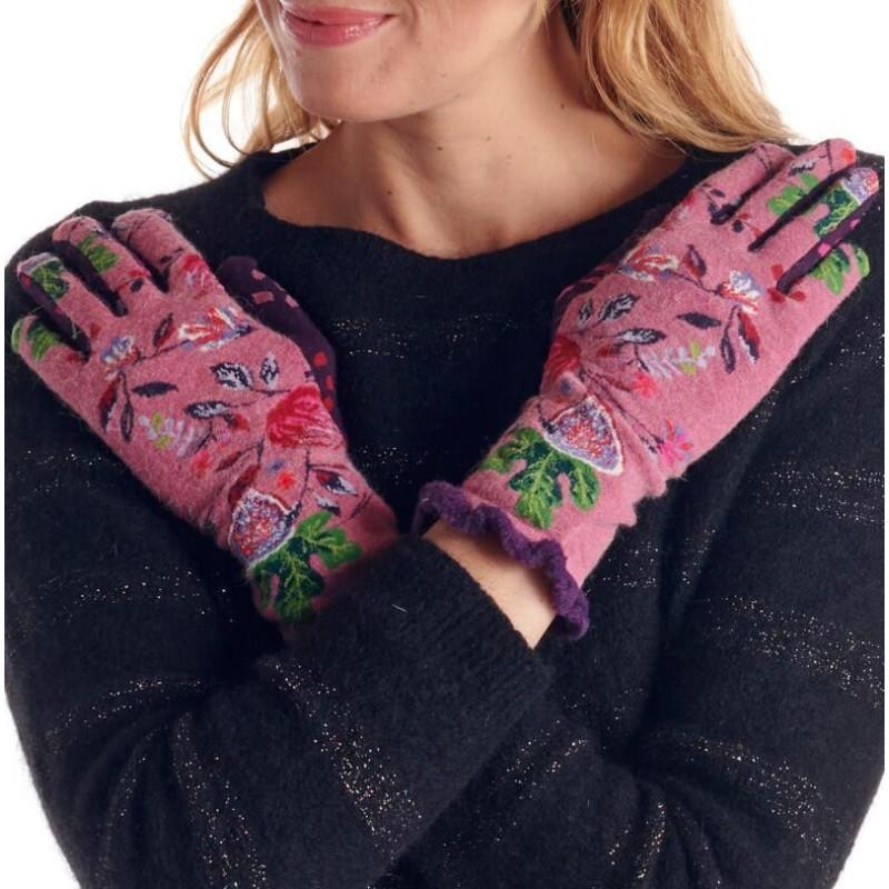 Gants Fil de jour laine angora rose à Fleurs