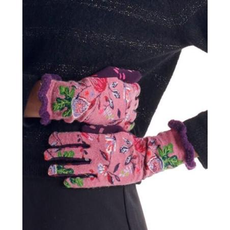 Gants Fil de jour laine angora rose à Fleurs