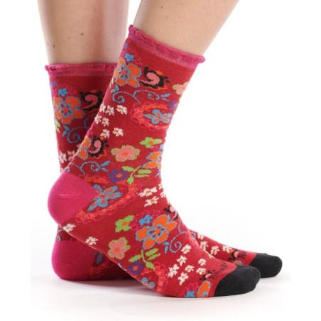 chaussettes-Ruban-rouge-bouquet-fleuris-rouge-ruba040