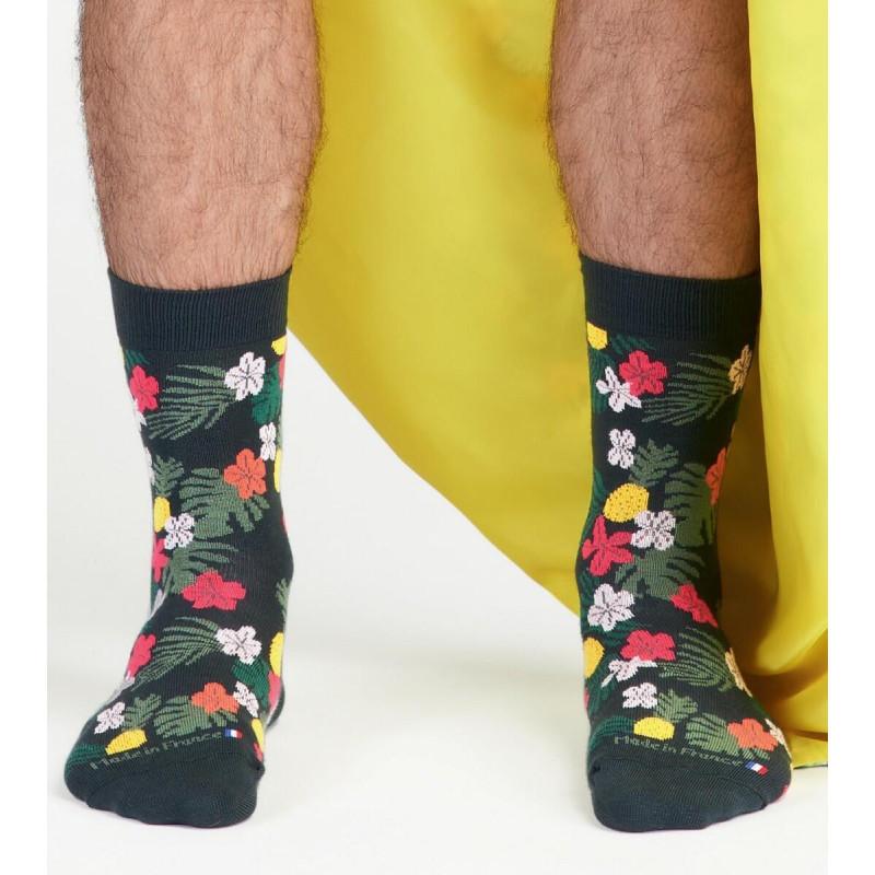 Chaussettes Dagobert à l'envers en coton Bio Ananas fleuri