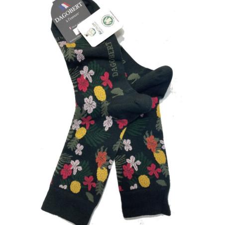 Chaussettes Dagobert à l'envers en coton Bio Ananas fleuri