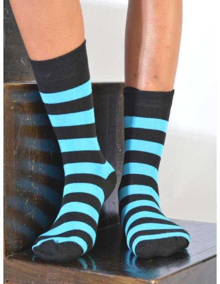 Chaussettes rayures noires et turquoise coton