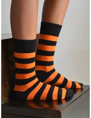 Chaussettes rayures orange noires coton