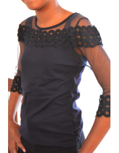 Chemise nuit col rond tulle brodé