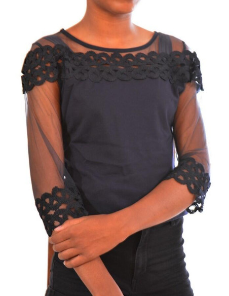 Chemise nuit col rond tulle brodé