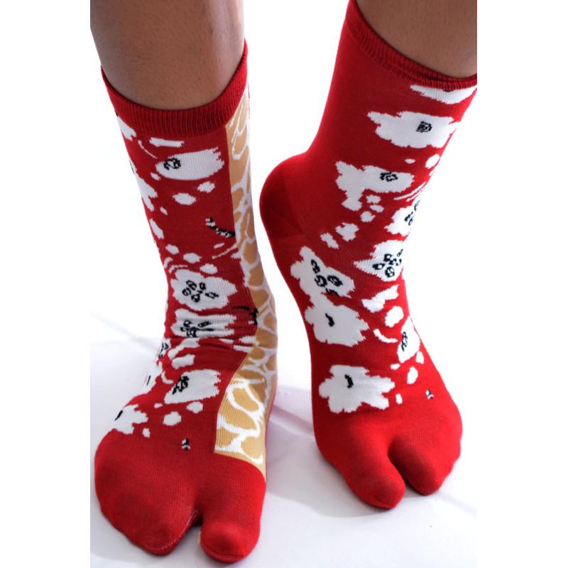 Chaussettes Japonaises bordeaux arbre fleurs blanches