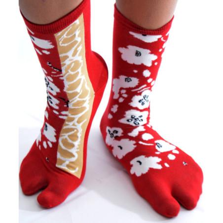 Chaussettes Japonaises bordeaux arbre fleurs blanches