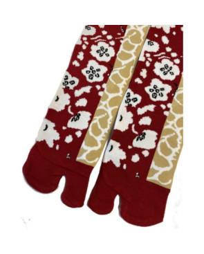  Chaussettes Japonaises bordeaux arbre fleurs blanches détail