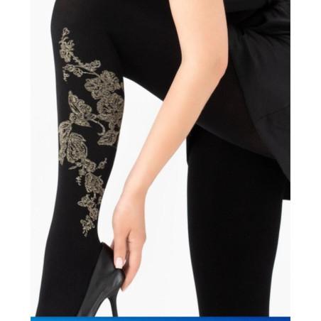 Collant Noir Opaque Joli Bouquet fleurs D'or