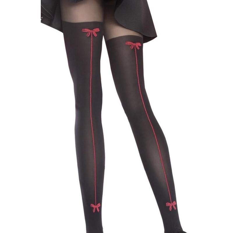 Collant Fiore Effet cuissarde couture et noeud Rouge