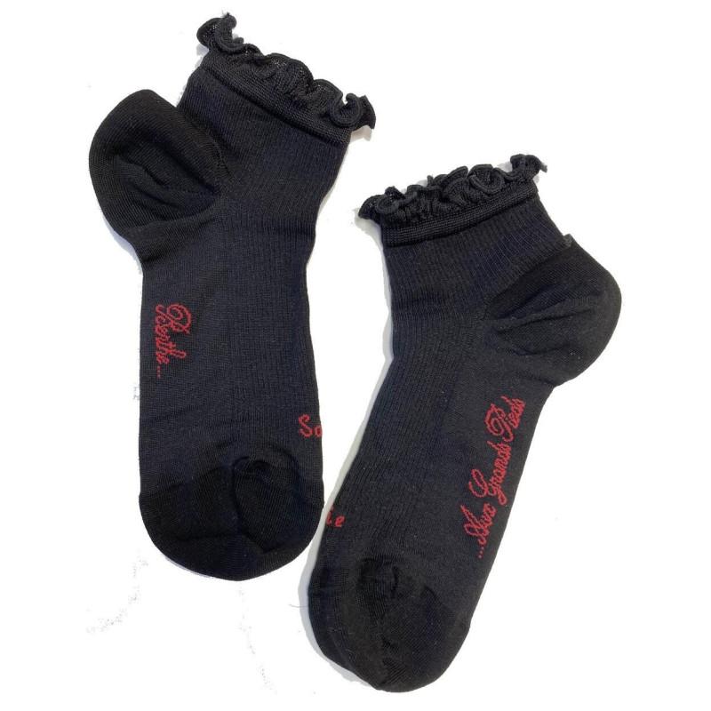 Socquette soie noir  a  cotes et Frou Frou Berthe aux grands Pieds