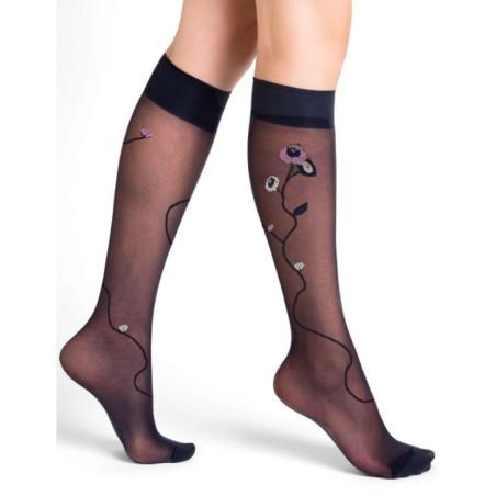 Mi-bas-lycra-marine-fleurs-rose-Berthe-aux-grands-pieds-marine-fleurs-rose-grises