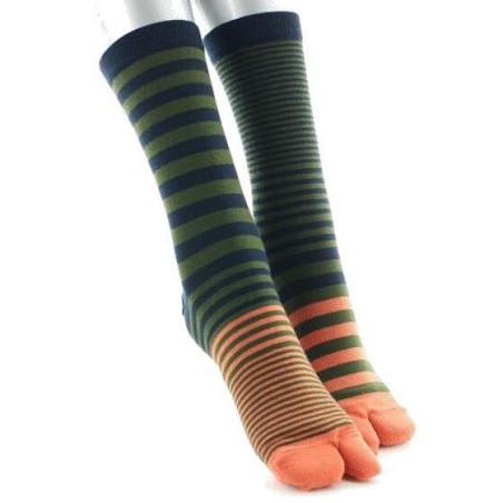 Chaussettes Japonaise Rayures kaki bleus orange Berthe aux grands Pieds