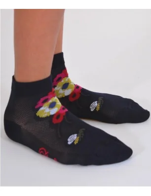 Socquettes Berthe auxgrands pieds Abeilles et fleurs marine profil