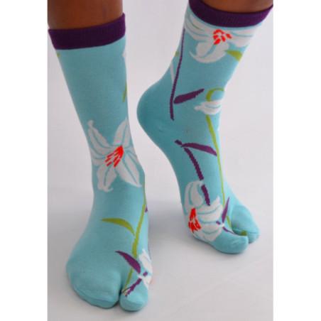 Chaussettes-japonaise-Les-petits-caprices-Turquoisse-Fleurs-de-lotus-face