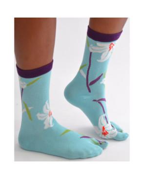  Chaussettes-japonaise-Les-petits-caprices-Turquoisse-Fleurs-de-lotus-profil-avant