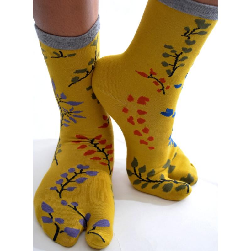 Chaussettes Japonaises Moutarde Fleuries