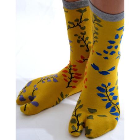 Chaussettes Japonaises Moutarde Fleuries