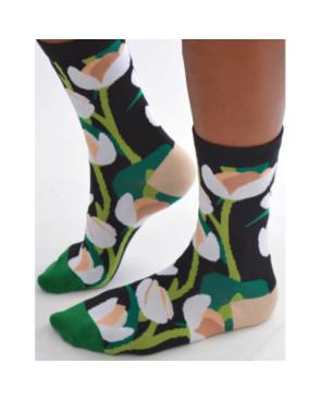 Chaussettes Noires Fleurs Blanches Abstraites