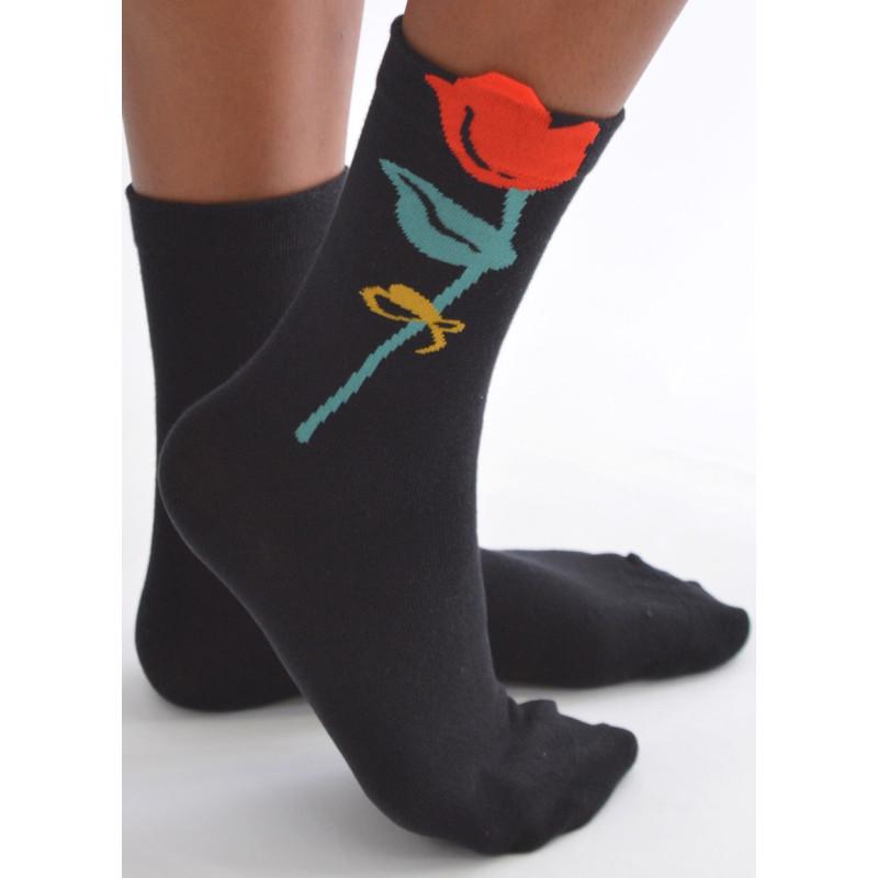 Chaussettes Noires Tulipes Rouges