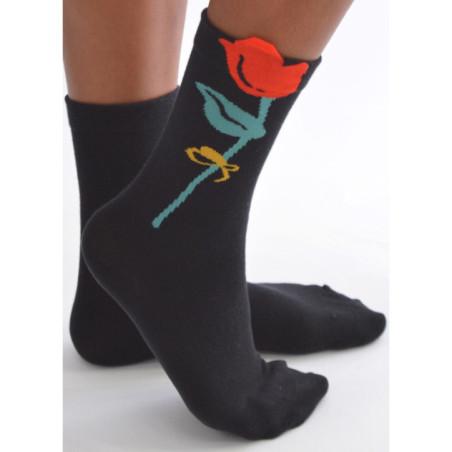 Chaussettes Noires Tulipes Rouges