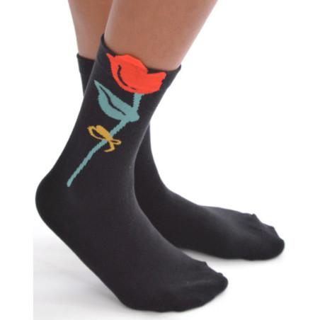 Chaussettes Noires Tulipes Rouges