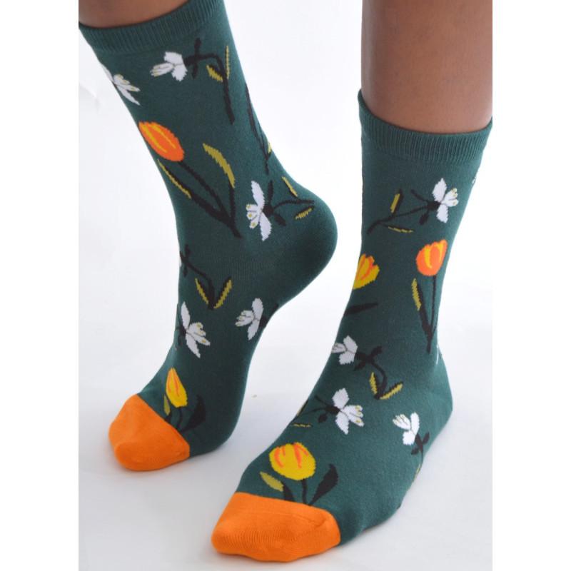 Chaussettes vertes Tulipes Oranges