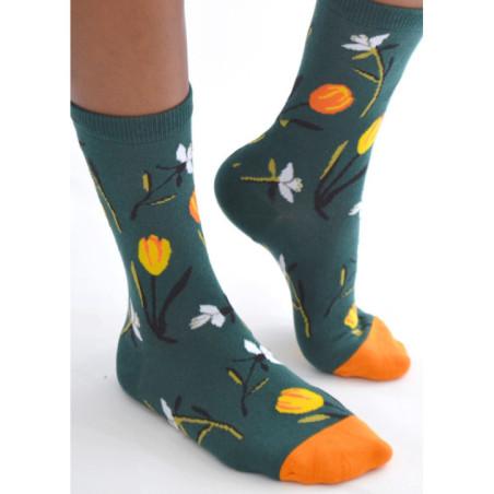 Chaussettes vertes Tulipes Oranges