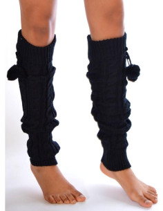 Guêtres lourde laine torsadée à pompom  noires 2